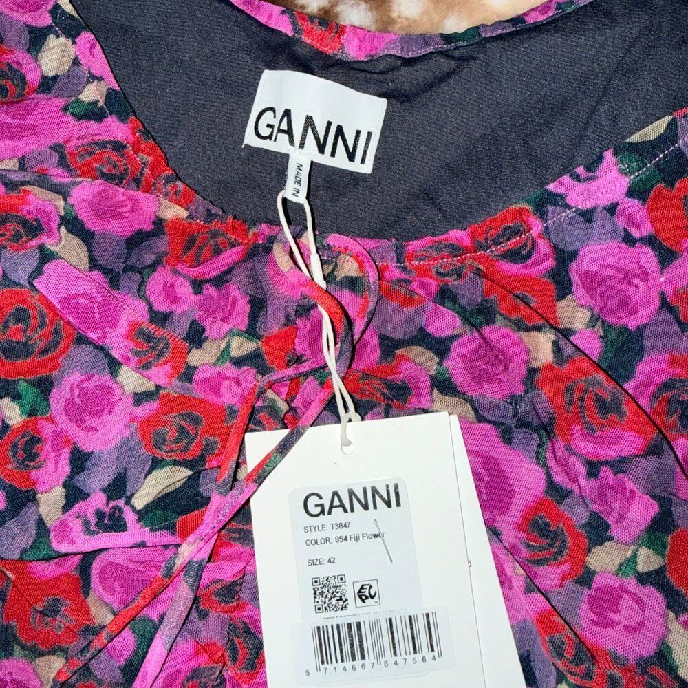 Ganni Floral Mesh Ruched Mini Dress Fiji Flower Pink Red Size EU 42 / M NWT - Picture 6 of 8
